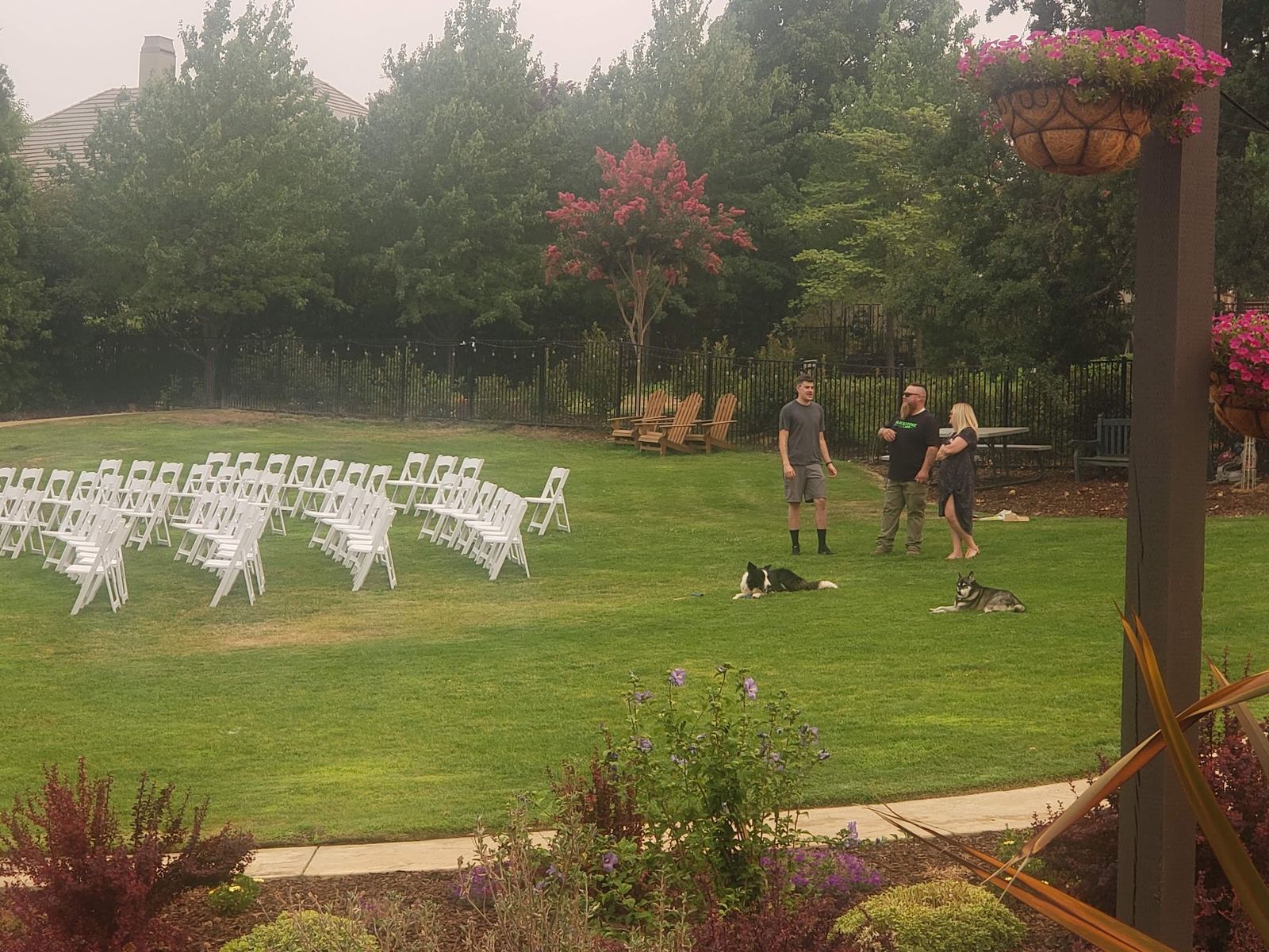 Rows of white chairs set up across the lawn