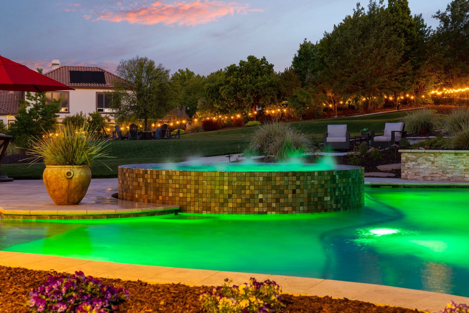 Spa glowing at twilight