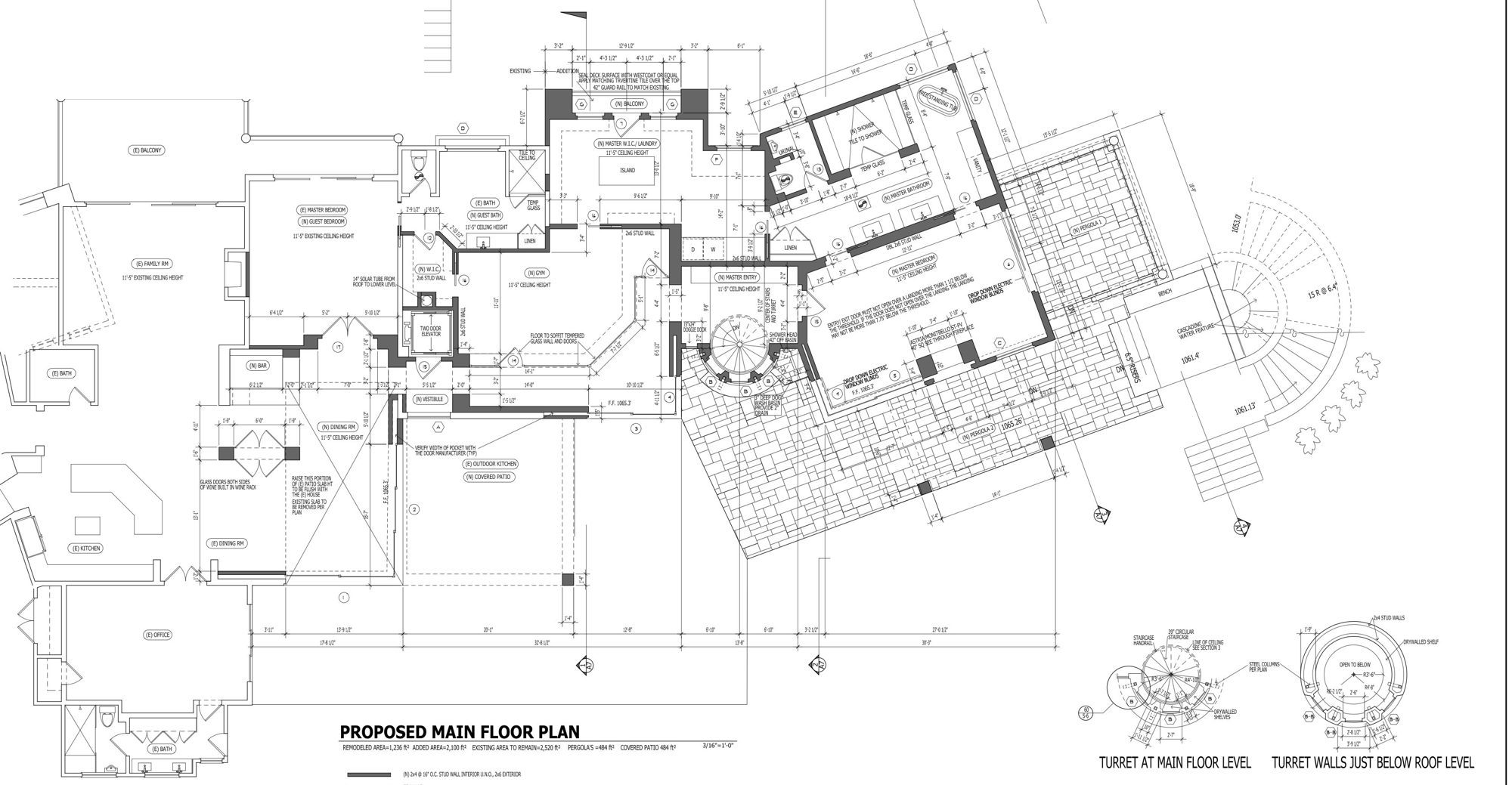 Proposed main floor plan with new owner's suite and turret stair